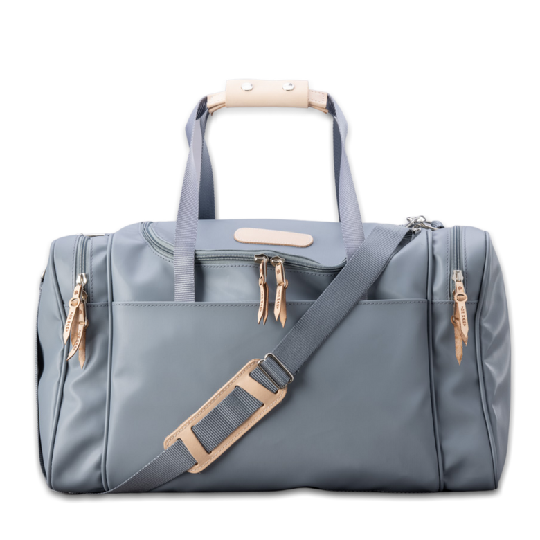 Quality made in America durable coated canvas duffle bag with natural leather patch to personalize with initials or monogram