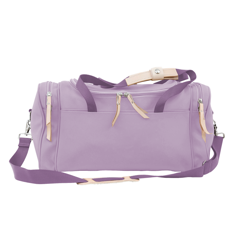 Small Square Duffel - Lilac Coated Canvas Front Angle in Color 'Lilac Coated Canvas'