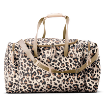 Load image into Gallery viewer, Large Square Duffel - Leopard Coated Canvas Front Angle in Color &#39;Leopard Coated Canvas&#39;
