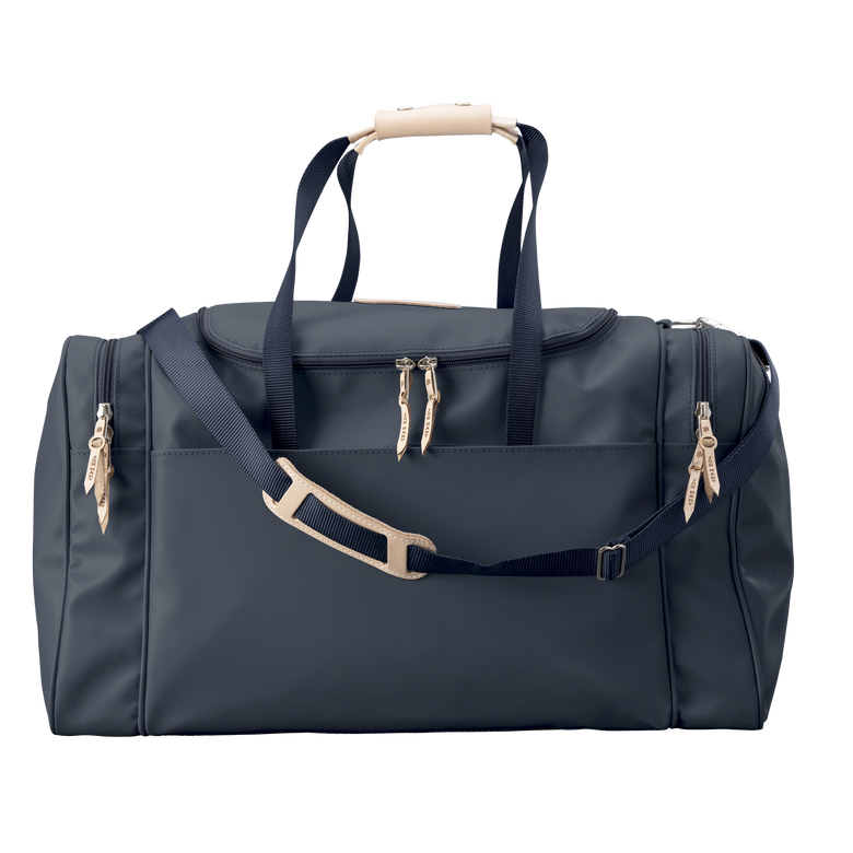 Large Square Duffel - Navy Coated Canvas Front Angle in Color 'Navy Coated Canvas'