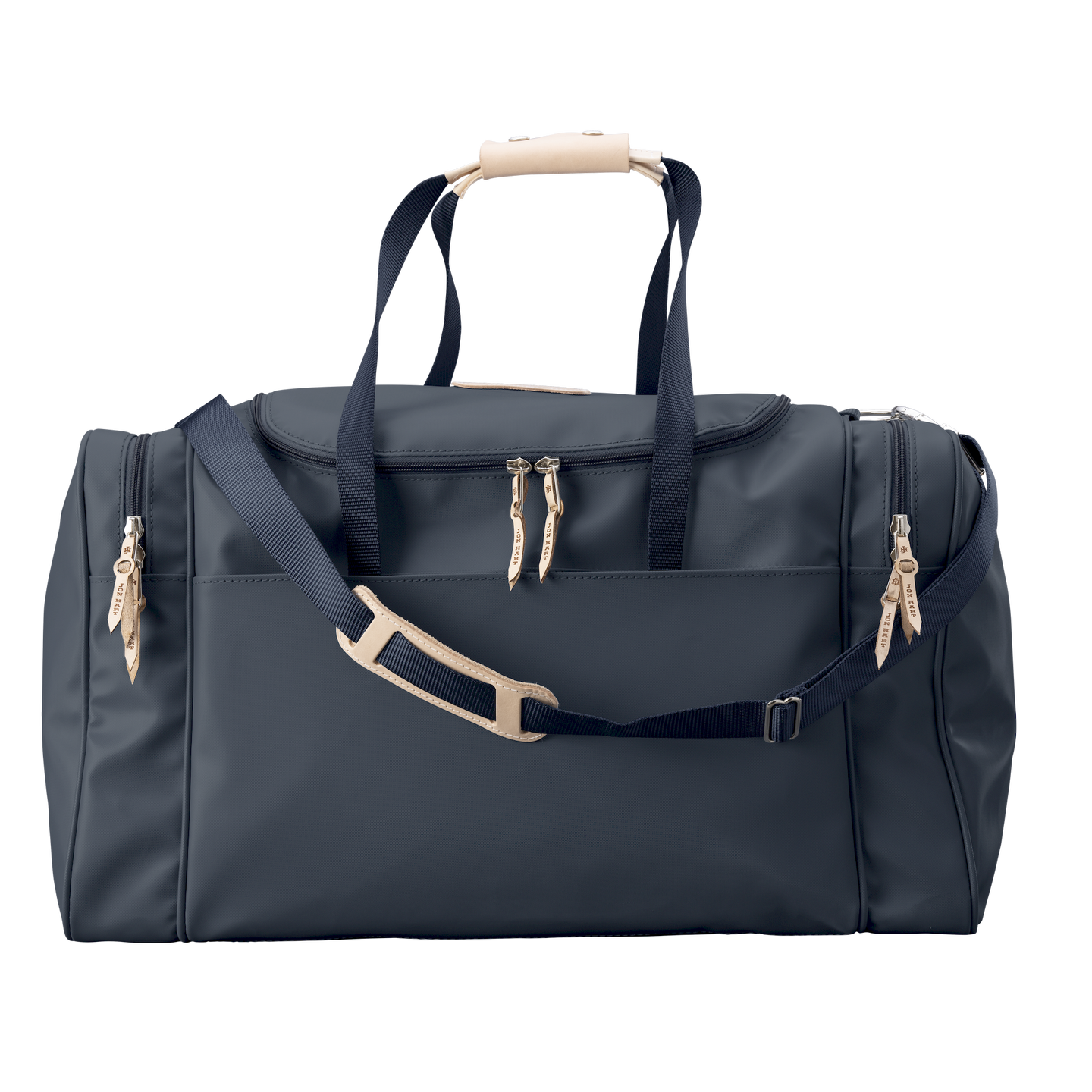 Large Square Duffel - Navy Coated Canvas Front Angle in Color 'Navy Coated Canvas'