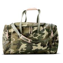 Load image into Gallery viewer, Large Square Duffel - Classic Camo Coated Canvas Front Angle in Color &#39;Classic Camo Coated Canvas&#39;
