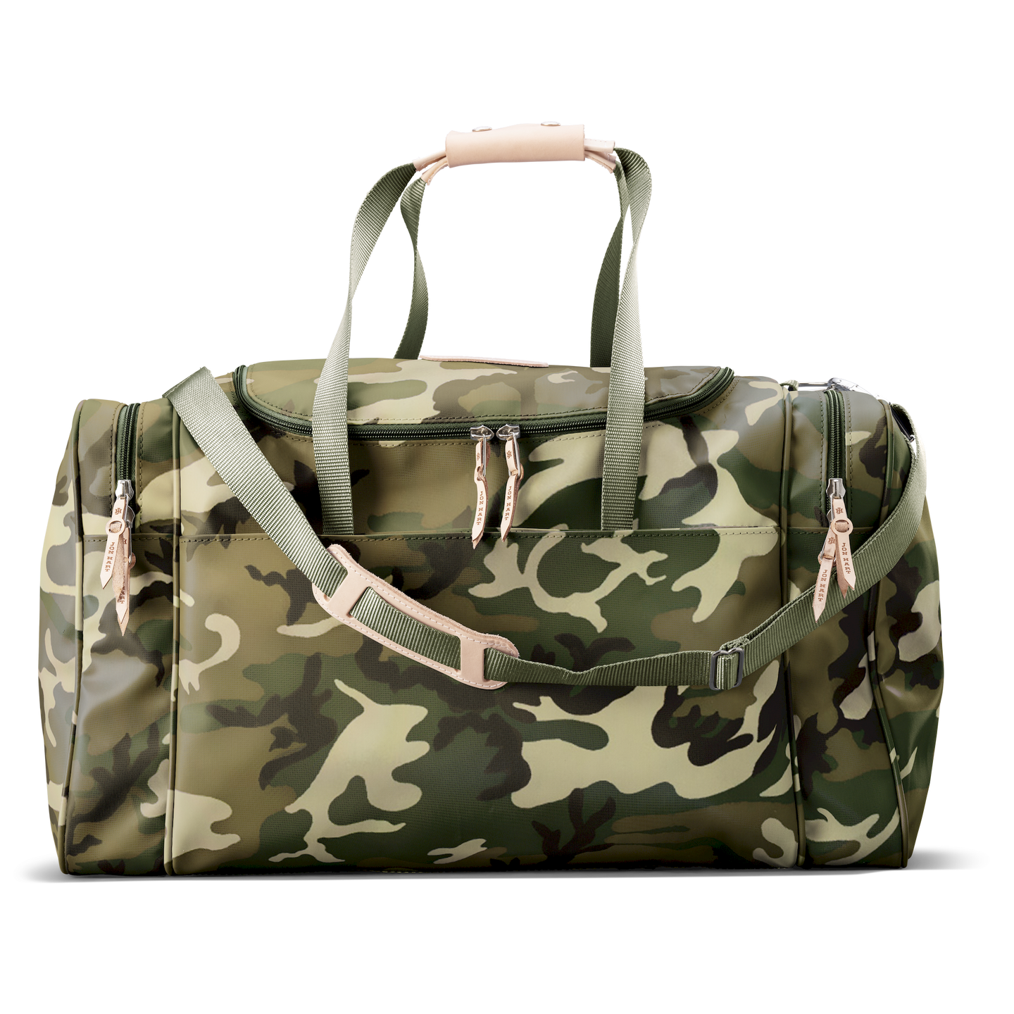 Large Square Duffel - Classic Camo Coated Canvas Front Angle in Color 'Classic Camo Coated Canvas'