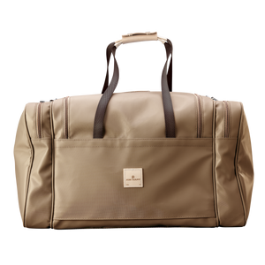 Large Square Duffel - Saddle Coated Canvas Front Angle in Color 'Saddle Coated Canvas'
