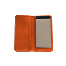 Load image into Gallery viewer, Wood Wallet - Orange Leather Front Angle in Color &#39;Orange Leather&#39;
