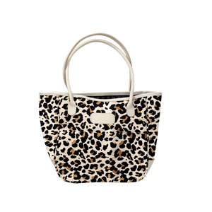 Medium Holiday Tote - Leopard Coated Canvas Front Angle in Color 'Leopard Coated Canvas'