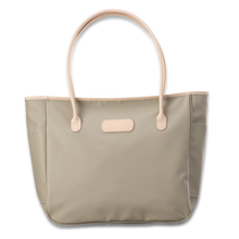 Load image into Gallery viewer, Quality made in America durable coated canvas large shoulder tote bag with natural leather patch to personalize with initials or monogram
