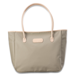 Quality made in America durable coated canvas large shoulder tote bag with natural leather patch to personalize with initials or monogram