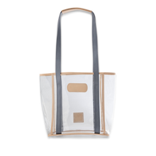 Load image into Gallery viewer, Quality made in America clear stadium compliant tote bag with leather patch to personalize with initials or monogram

