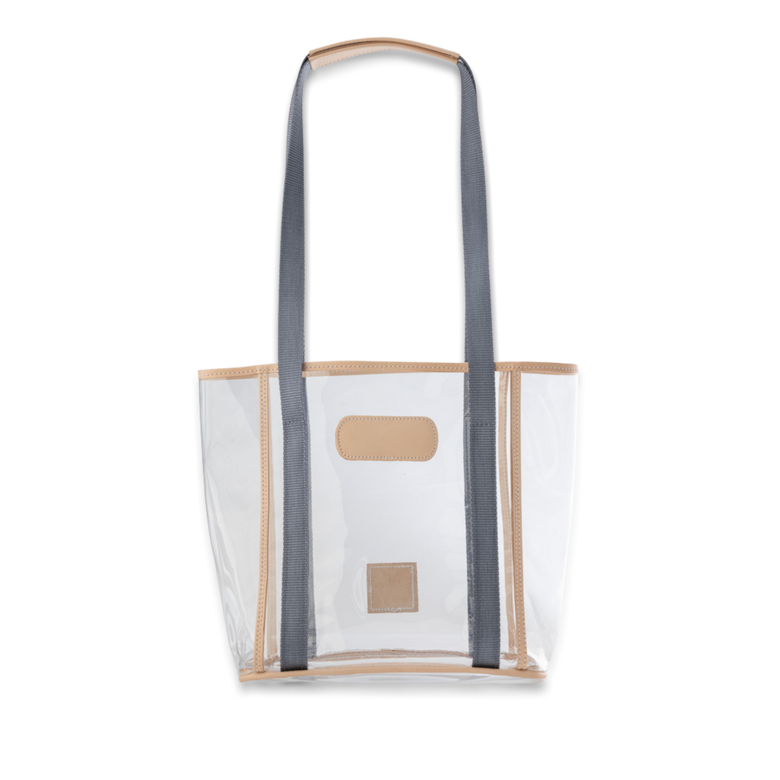Quality made in America clear stadium compliant tote bag with leather patch to personalize with initials or monogram