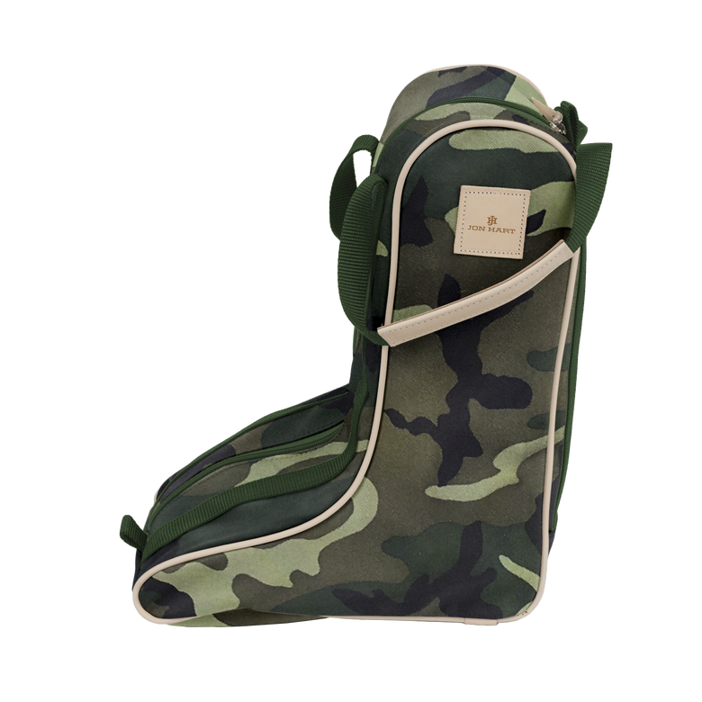 Boot Bag - Classic Camo Coated Canvas Front Angle in Color 'Classic Camo Coated Canvas'