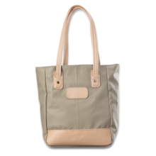 Load image into Gallery viewer, Quality made in America lined durable coated canvas and natural leather tote bag with outside pocket and leather patch to personalize with initials or monogram
