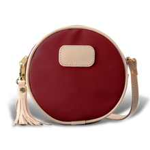 Load image into Gallery viewer, Quality made in America round durable coated canvas crossbody handbag with leather patch to personalize with initials or monogram
