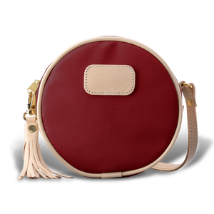 Quality made in America round durable coated canvas crossbody handbag with leather patch to personalize with initials or monogram