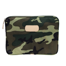 Load image into Gallery viewer, 15&quot; Computer Case - Classic Camo Coated Canvas Front Angle in Color &#39;Classic Camo Coated Canvas&#39;
