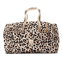 Load image into Gallery viewer, Large Square Duffel - Leopard Coated Canvas Front Angle in Color &#39;Leopard Coated Canvas&#39;
