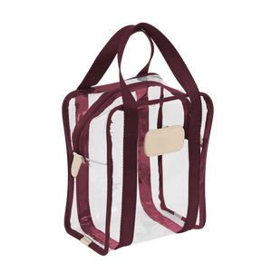 Clear Shag Bag - Burgundy Webbing Front Angle in Color 'Burgundy Webbing'