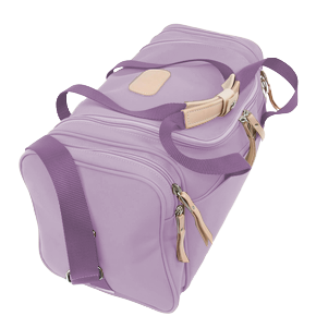 Small Square Duffel - Lilac Coated Canvas Front Angle in Color 'Lilac Coated Canvas'