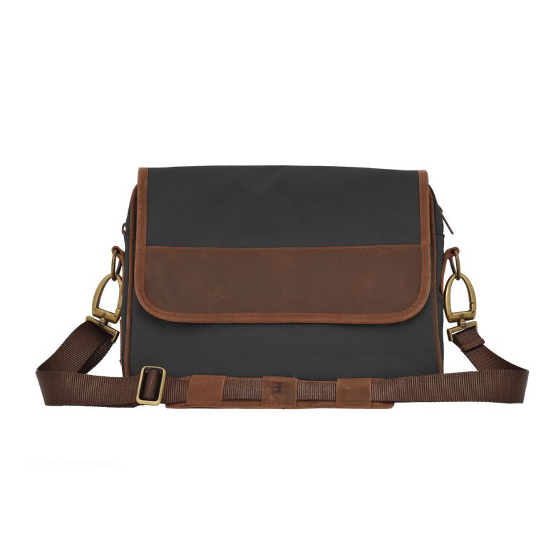 JH Messenger Bag - Smoke Canvas Front Angle in Color 'Smoke Canvas'