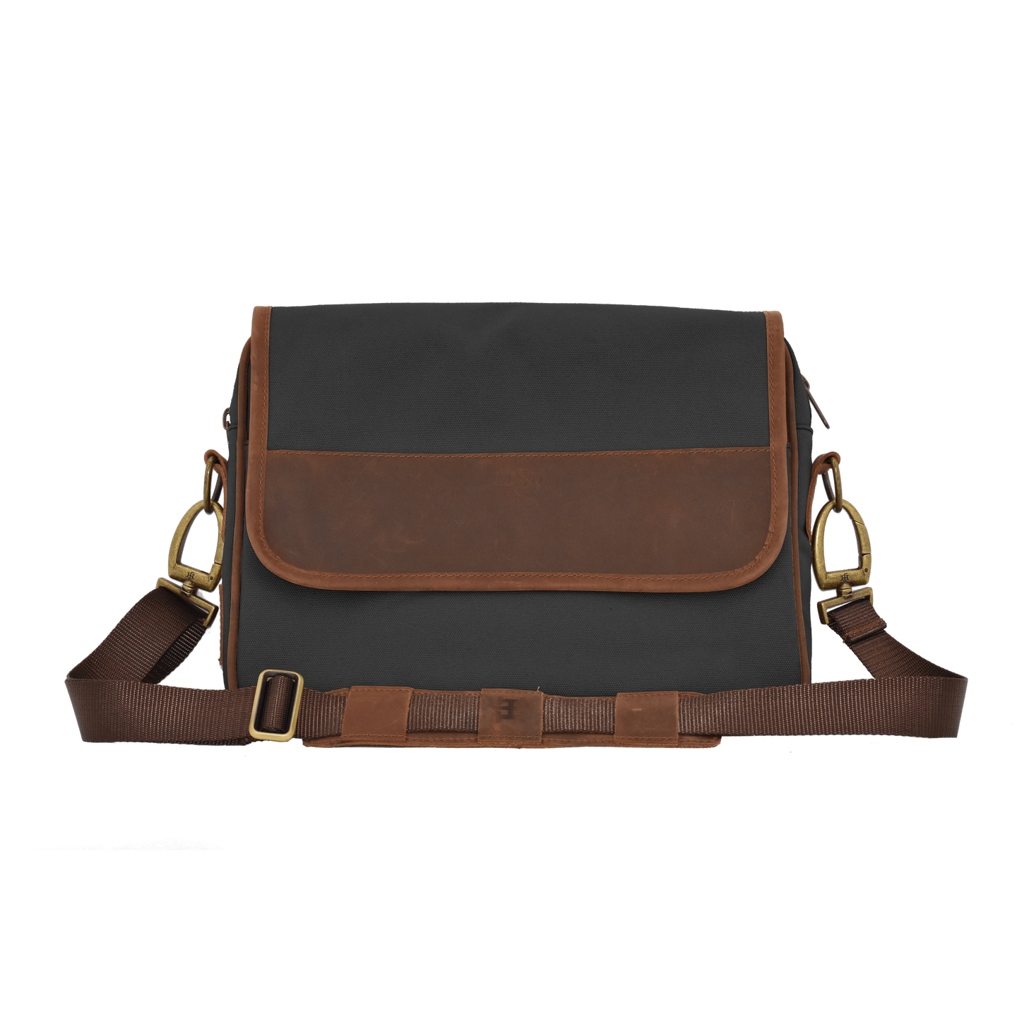 JH Messenger Bag - Smoke Canvas Front Angle in Color 'Smoke Canvas'