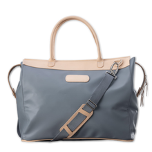 Load image into Gallery viewer, Quality made in America durable coated canvas and natural leather large overnight bag with natural leather patch to personalize with initials or monogram
