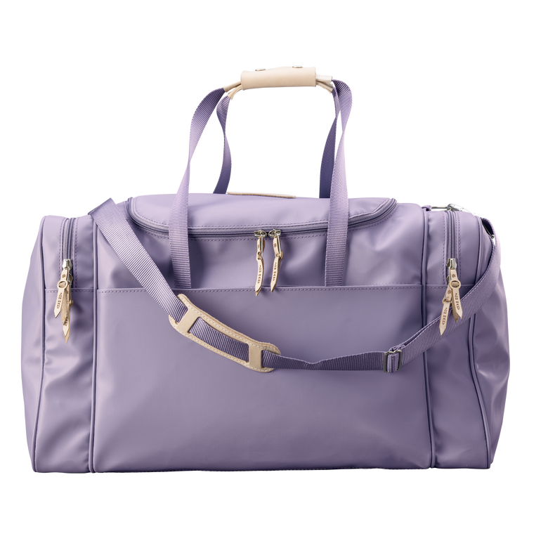 Large Square Duffel - Lilac Coated Canvas Front Angle in Color 'Lilac Coated Canvas'