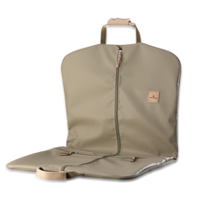 Load image into Gallery viewer, Quality made in America durable coated canvas hanging and folding garment bag with leather patch to personalize with initials or monogram
