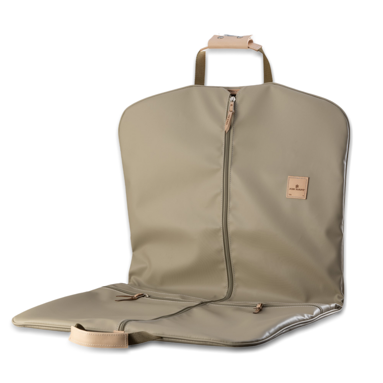 Quality made in America durable coated canvas hanging and folding garment bag with leather patch to personalize with initials or monogram