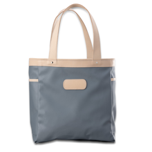 Load image into Gallery viewer, Quality made in America  durable coated canvas and natural leather tote bag with leather patch to personalize with initials or monogram
