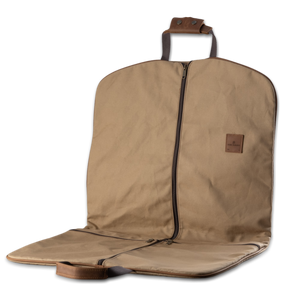Quality made in America cotton canvas hanging and folding garment bag with leather patch to personalize with initials or monogram