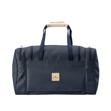 Load image into Gallery viewer, Medium Square Duffel - Navy Coated Canvas Front Angle in Color &#39;Navy Coated Canvas&#39;
