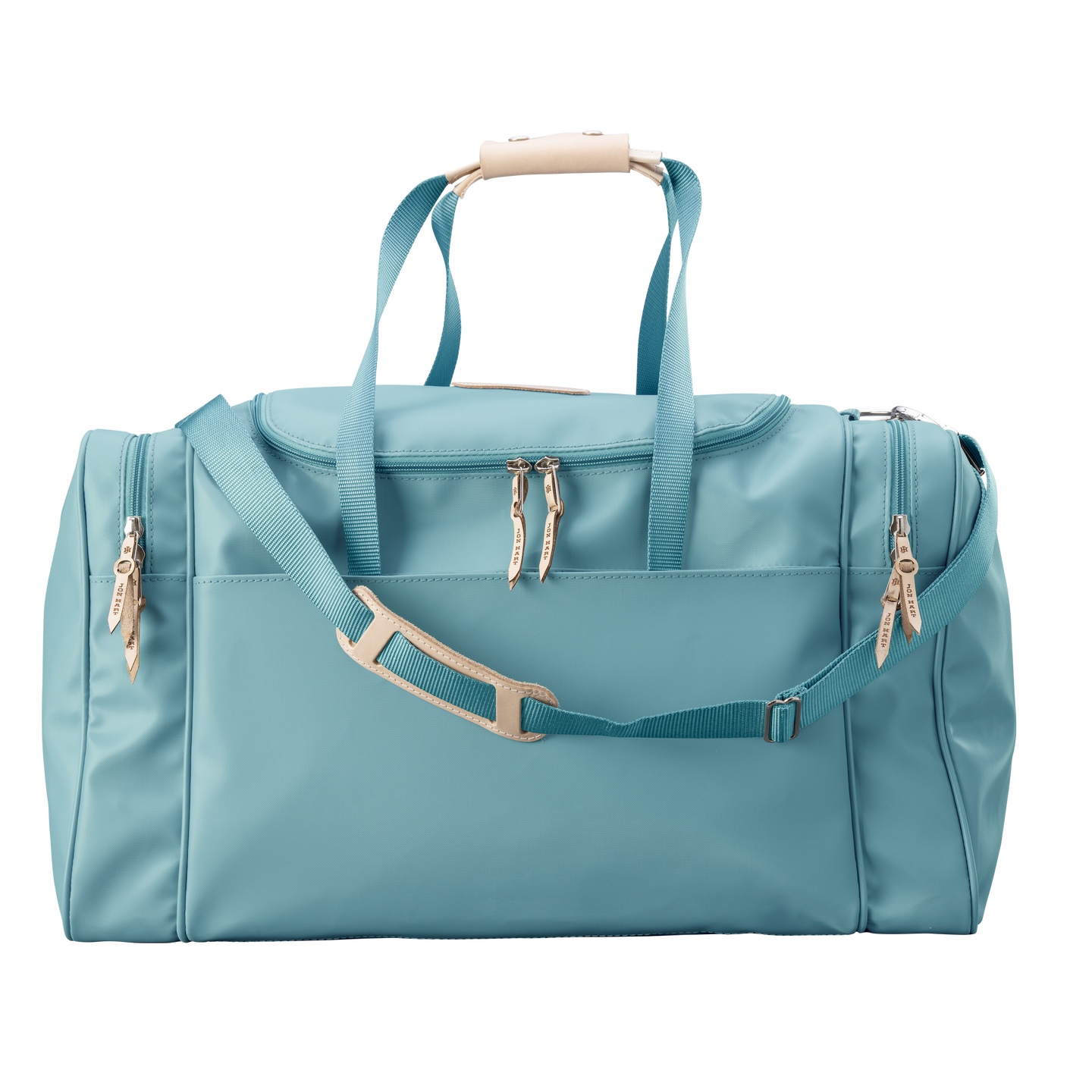 Large Square Duffel - Ocean Blue Coated Canvas Front Angle in Color 'Ocean Blue Coated Canvas'