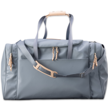 Load image into Gallery viewer, Quality made in America durable coated canvas large duffle bag with natural leather patch to personalize with initials or monogram
