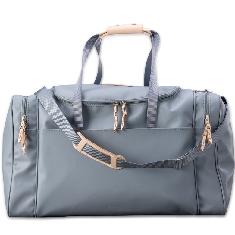 Quality made in America durable coated canvas large duffle bag with natural leather patch to personalize with initials or monogram