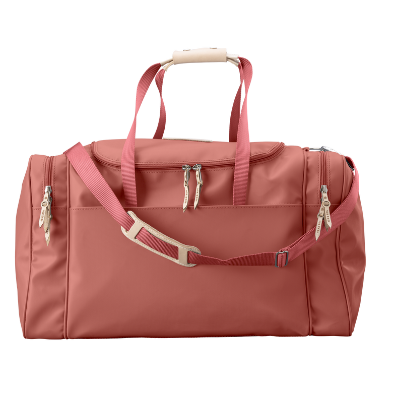 Large Square Duffel - Coral Coated Canvas Front Angle in Color 'Coral Coated Canvas'