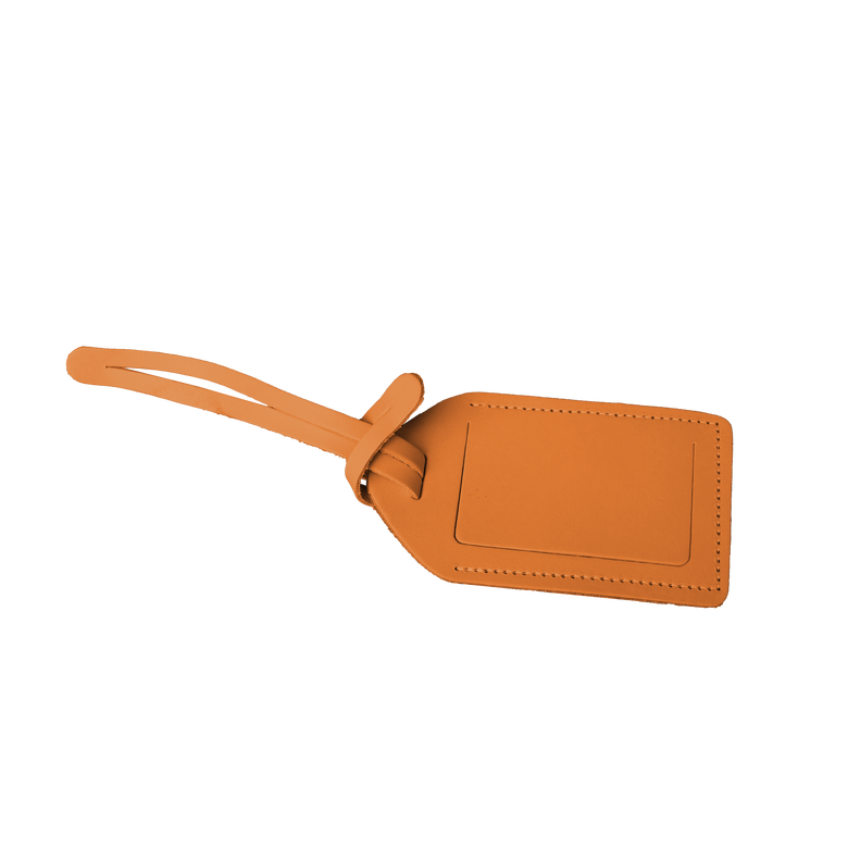 Luggage Tag - Orange Leather Front Angle in Color 'Orange Leather'